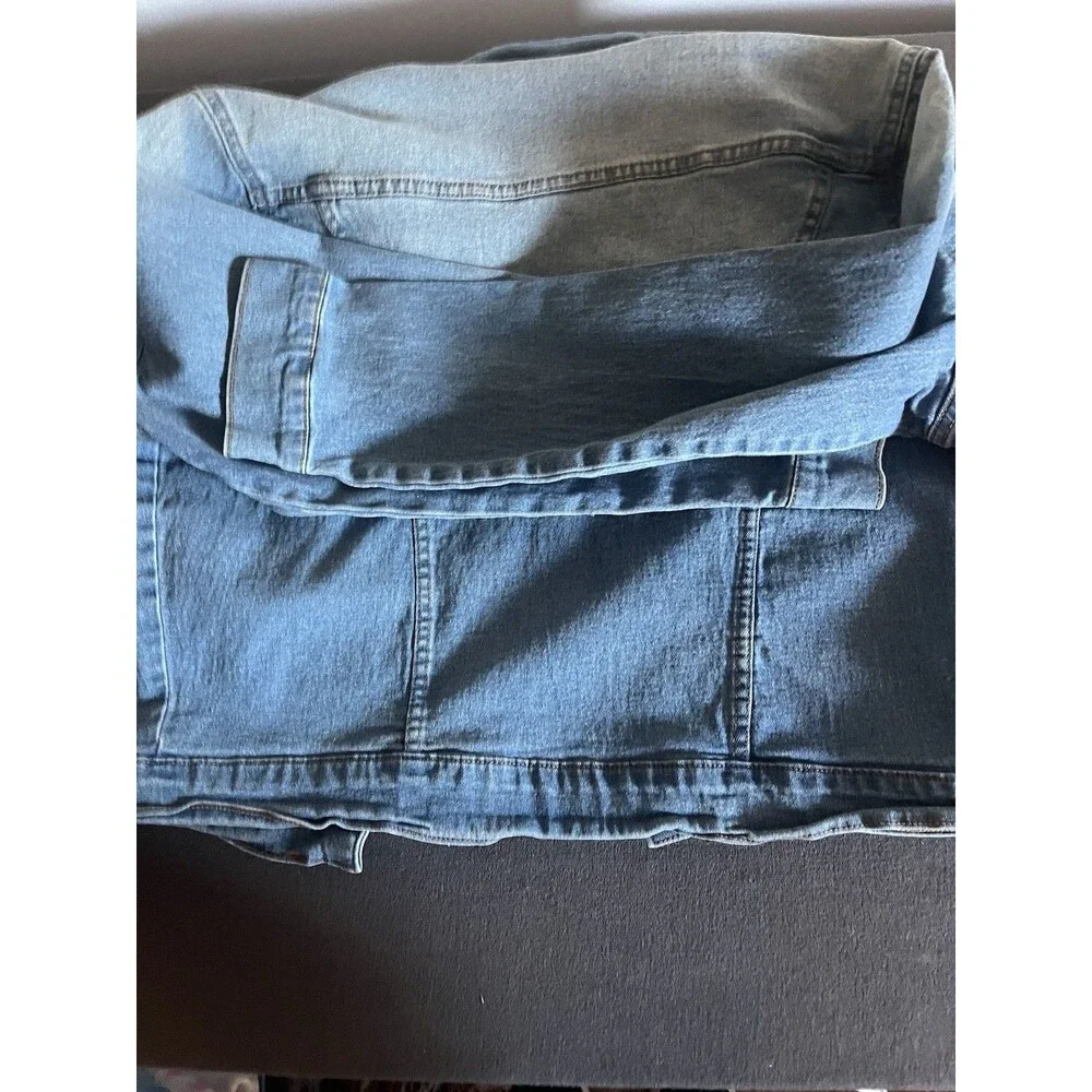Lark + Grey Women’s Blue Denim Jacket Button Front Collared Stretch Short L